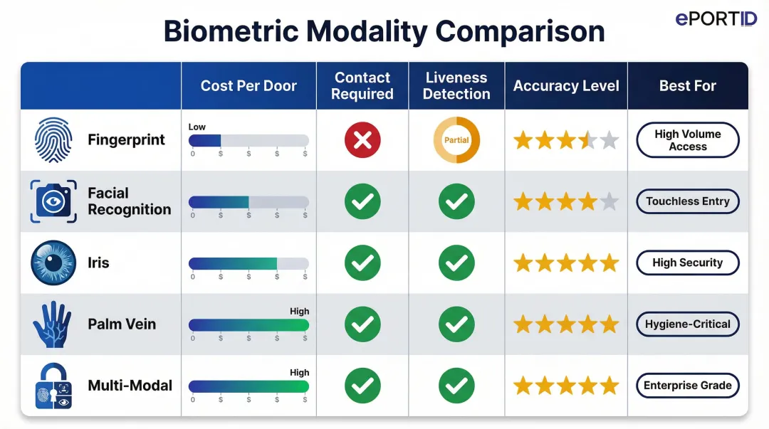 Five biometric modality comparison chart with cost accuracy and use cases