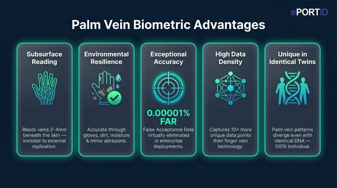 Palm vein biometric authentication key advantages accuracy stats and performance metrics