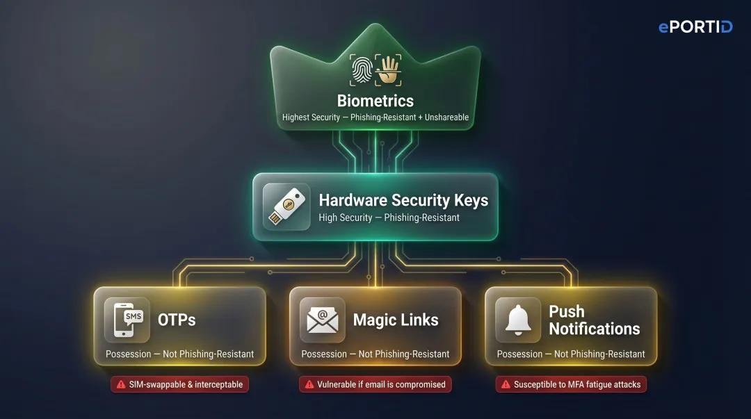 Five passwordless authentication methods ranked by security tier and phishing resistance