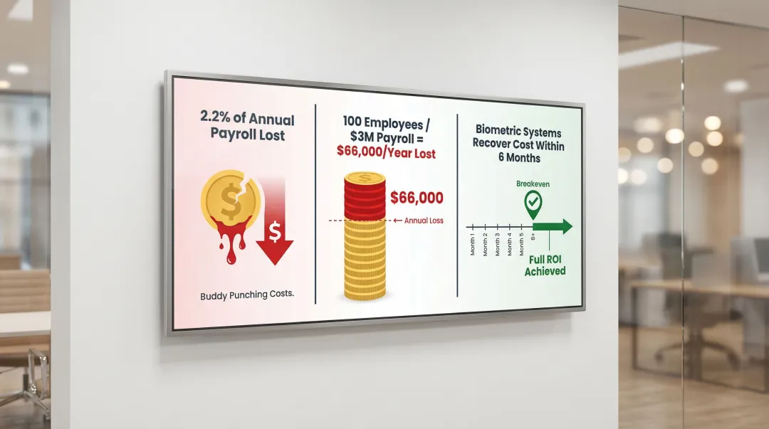 Biometric access control ROI payroll savings calculation infographic for employers