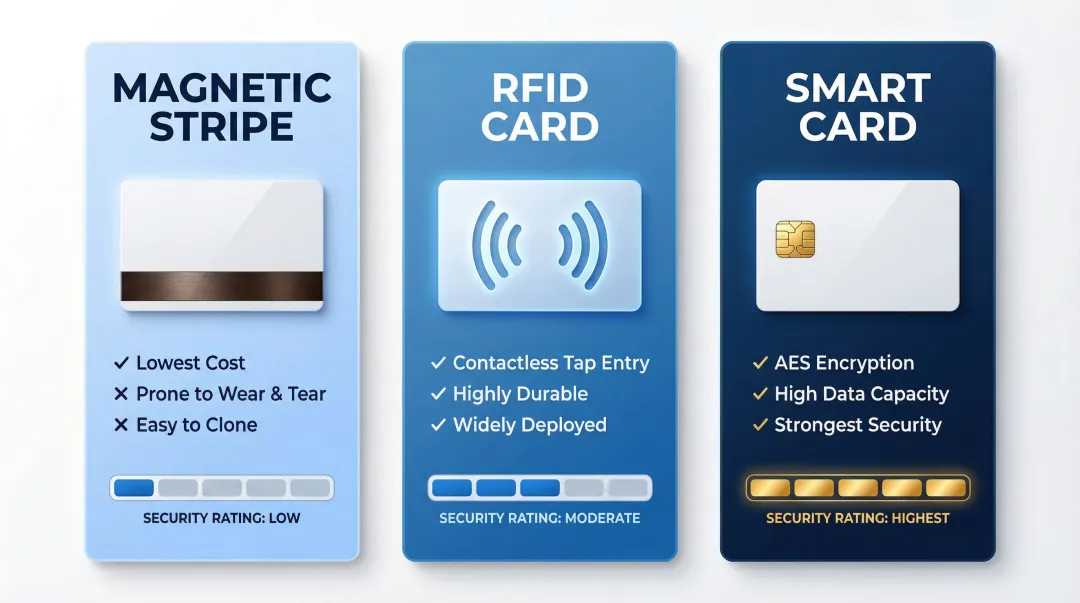 Three keycard access control types comparison security and durability breakdown