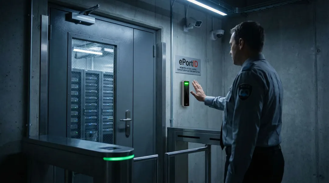 ePortID contactless palm vein biometric scanner deployed at secure facility entrance