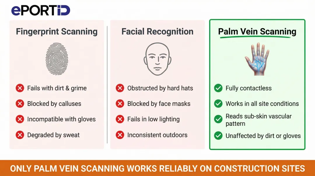 Biometric time tracking comparison fingerprint facial recognition versus palm vein scanning construction sites