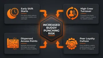 Four construction site factors that enable buddy punching time theft infographic