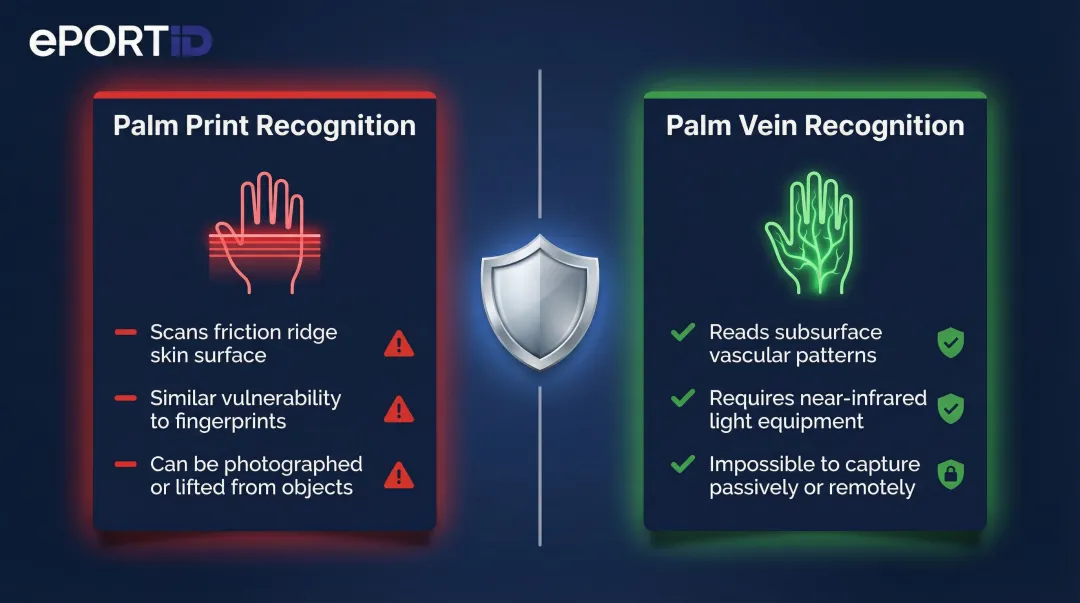 Palm print versus palm vein recognition side-by-side security comparison infographic