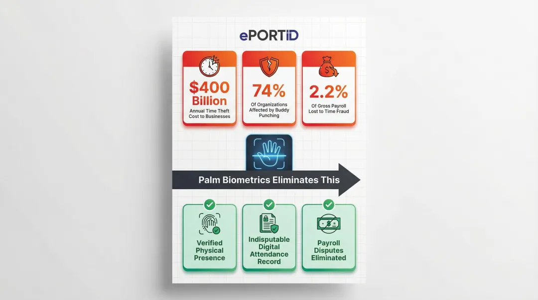 Buddy punching time theft statistics and palm biometrics fraud elimination infographic