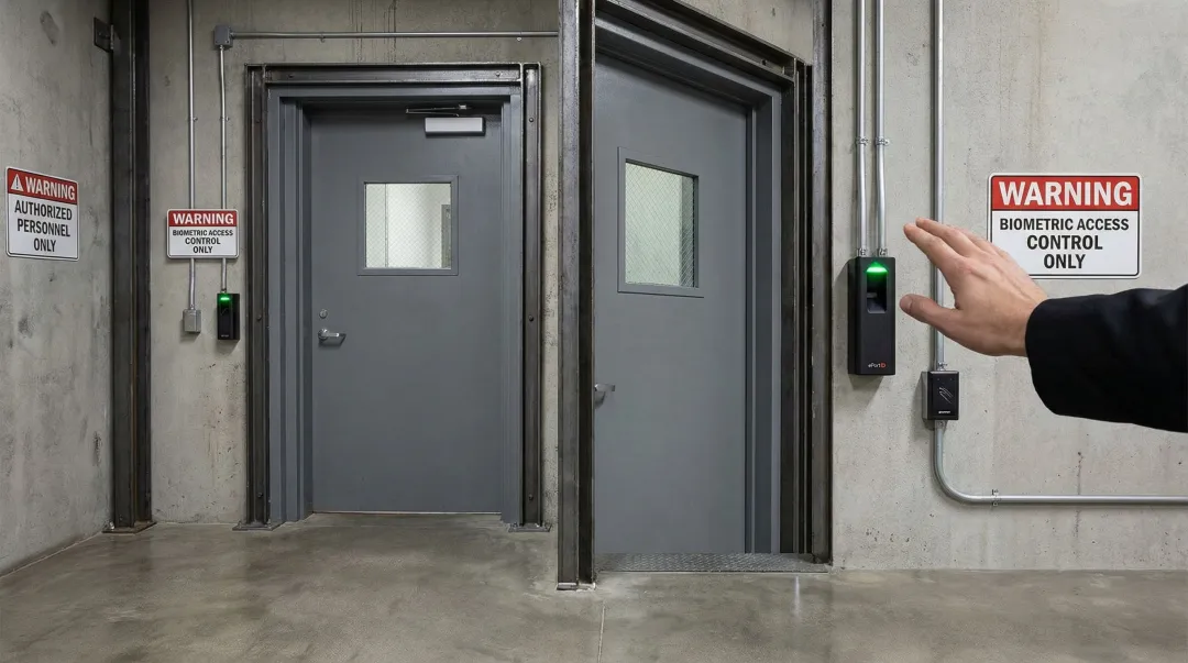 ePortID palm vein scanner installed at facility entry point with Wiegand OSDP integration