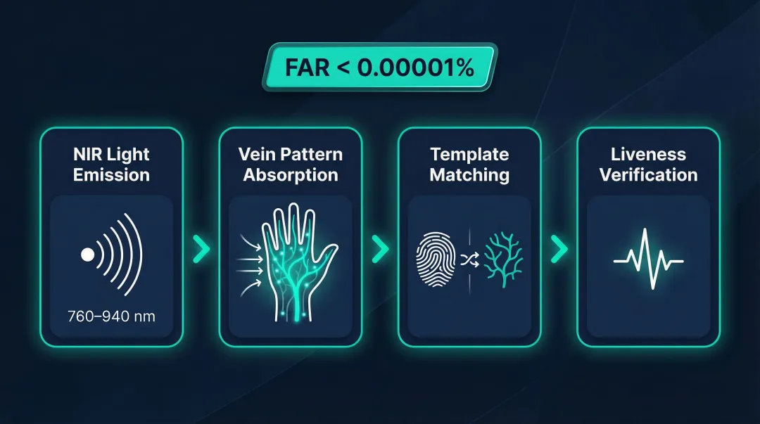 Palm vein NIR scanning process flow showing four key security advantages