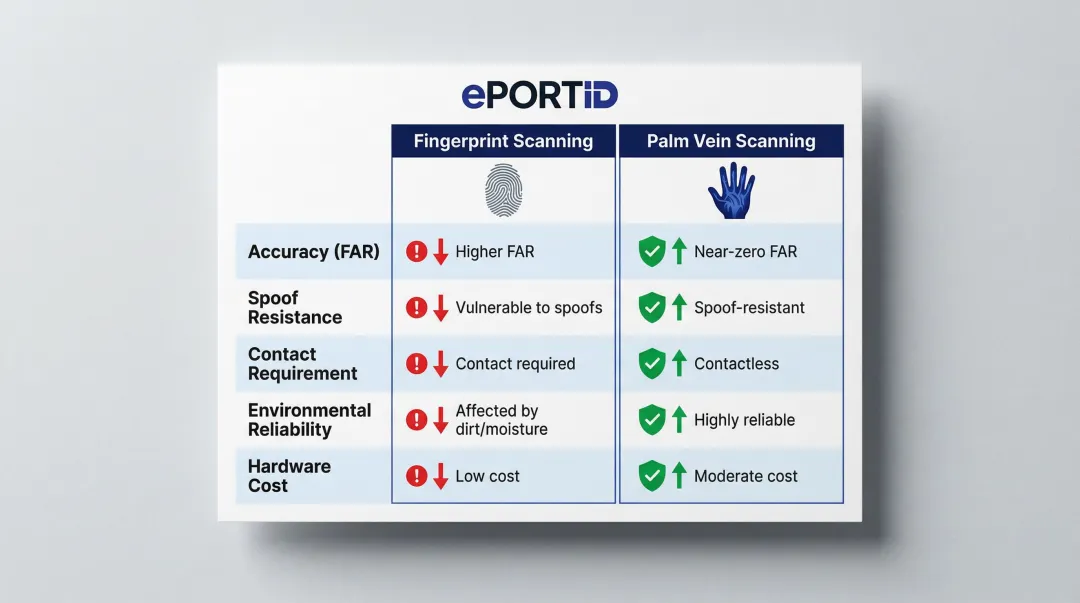 Fingerprint versus palm vein scanning five-attribute side-by-side comparison infographic