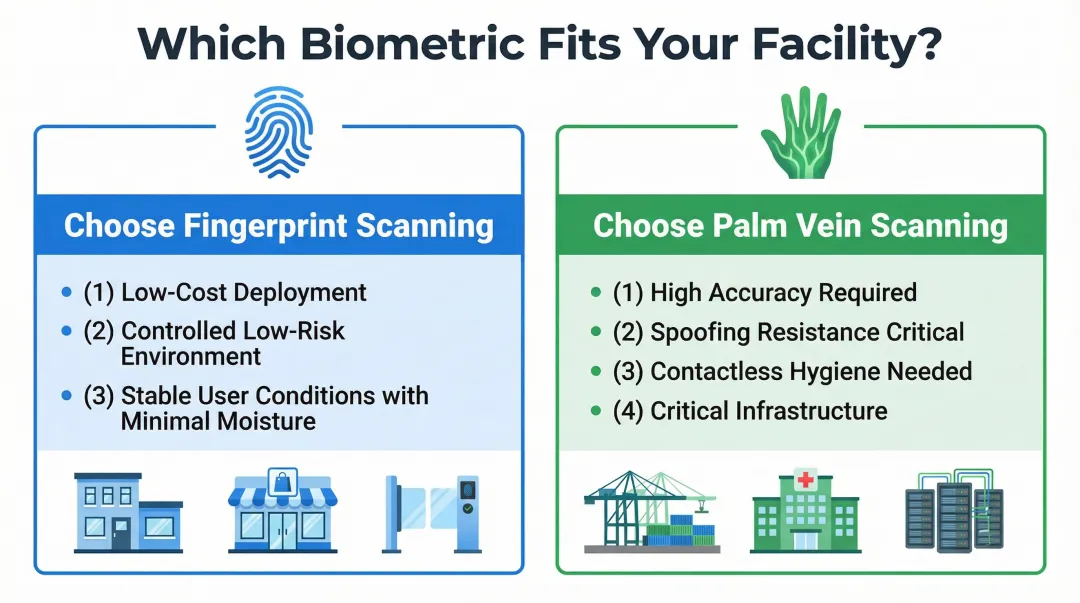 Decision guide choosing fingerprint or palm vein scanning by facility risk level