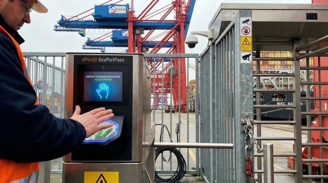ePortID SeaPortPass palm vein biometric reader installed at maritime port access point