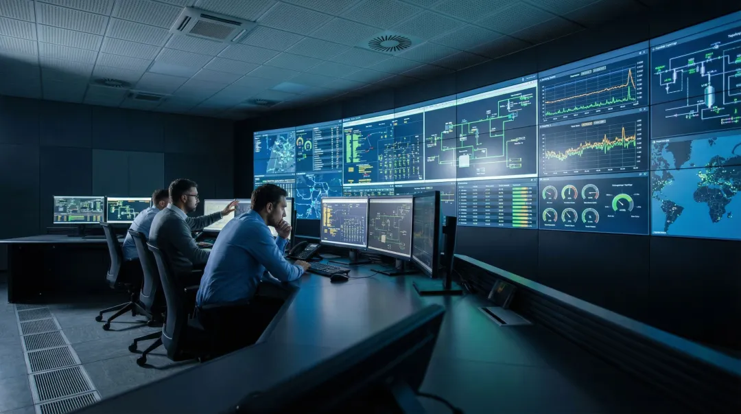 Industrial OT control room with SCADA monitoring screens and operators managing critical systems