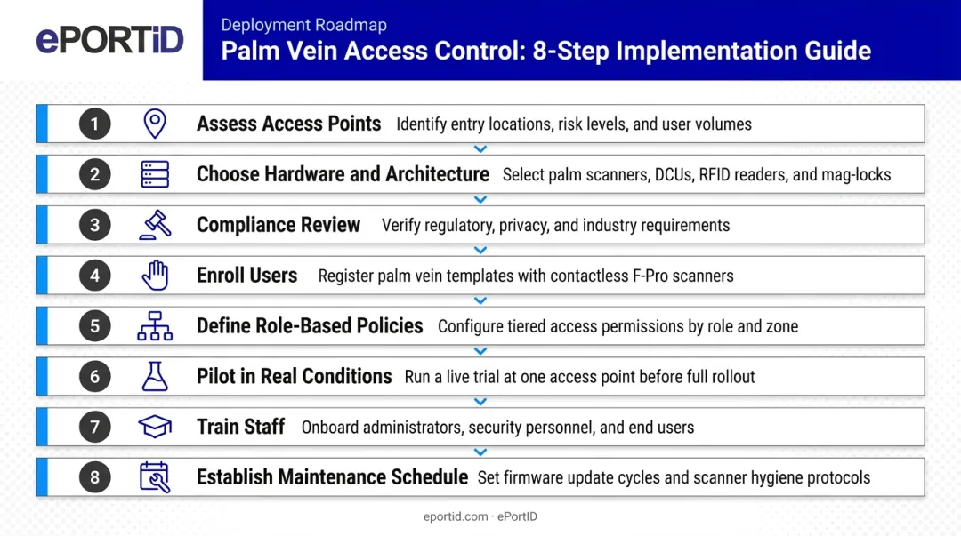 8-step biometric access control implementation process flow from assessment to maintenance