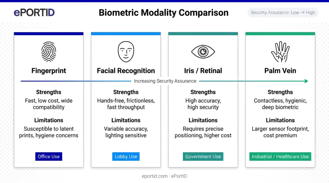Four biometric modality comparison fingerprint facial iris palm vein environments