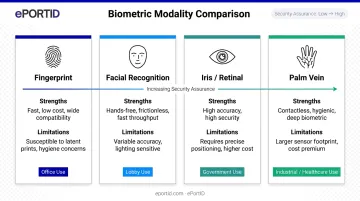 Four biometric modality comparison fingerprint facial iris palm vein environments