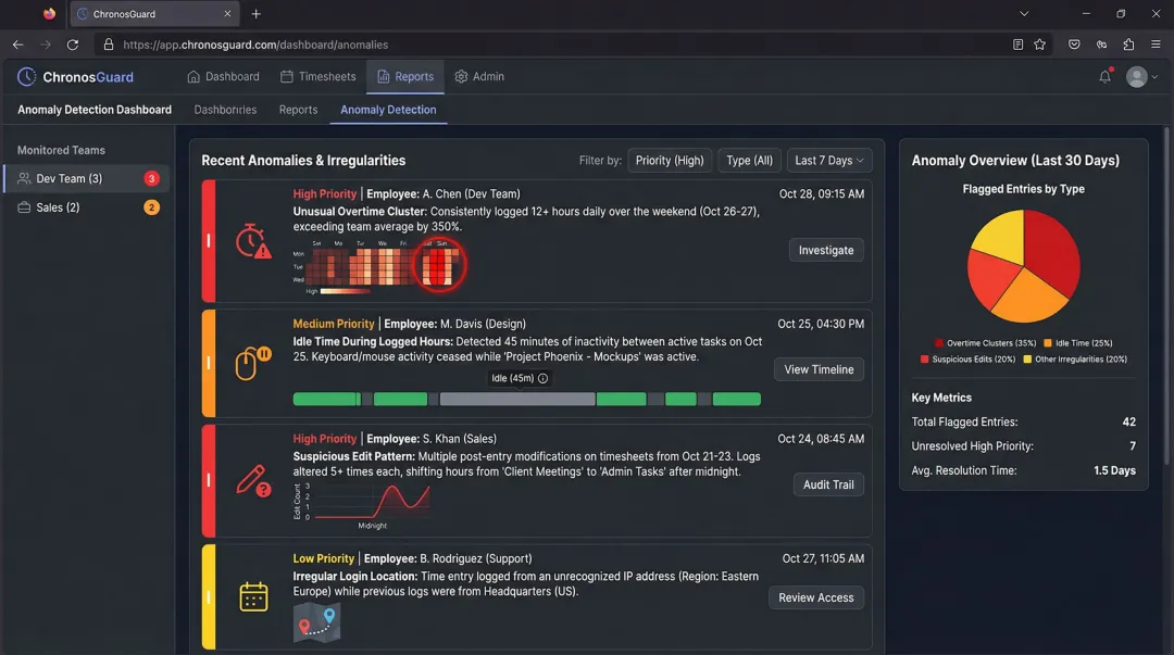 Automated timesheet anomaly detection dashboard flagging overtime and idle time irregularities
