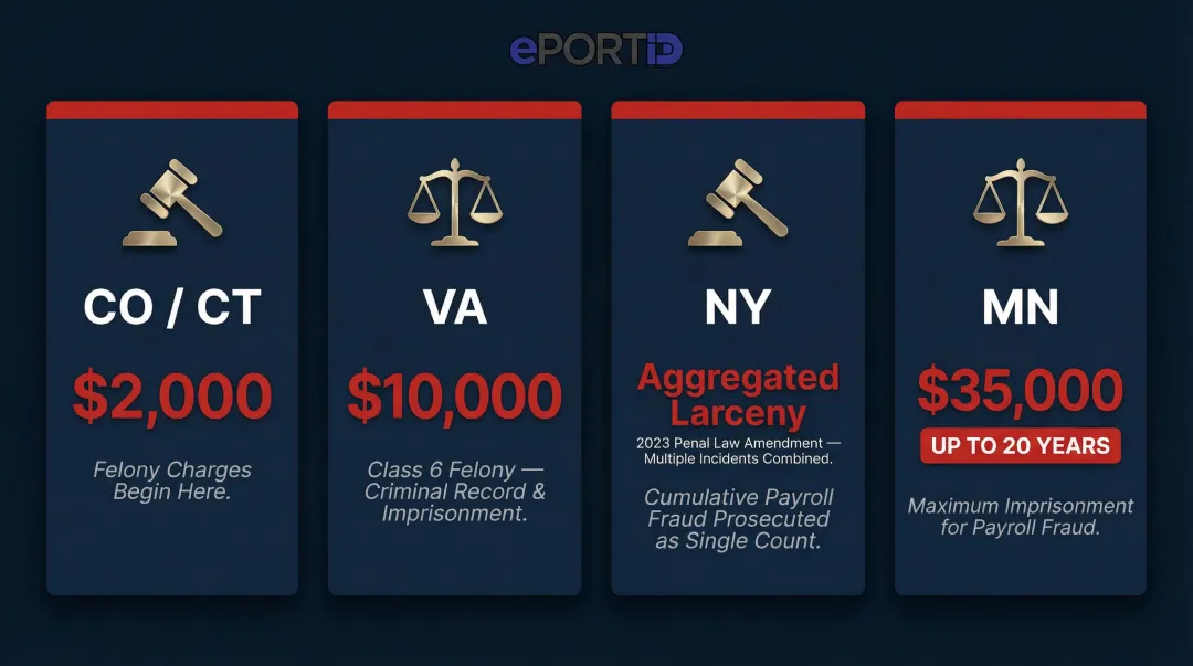 State-by-state payroll fraud criminal thresholds and felony penalty comparison chart