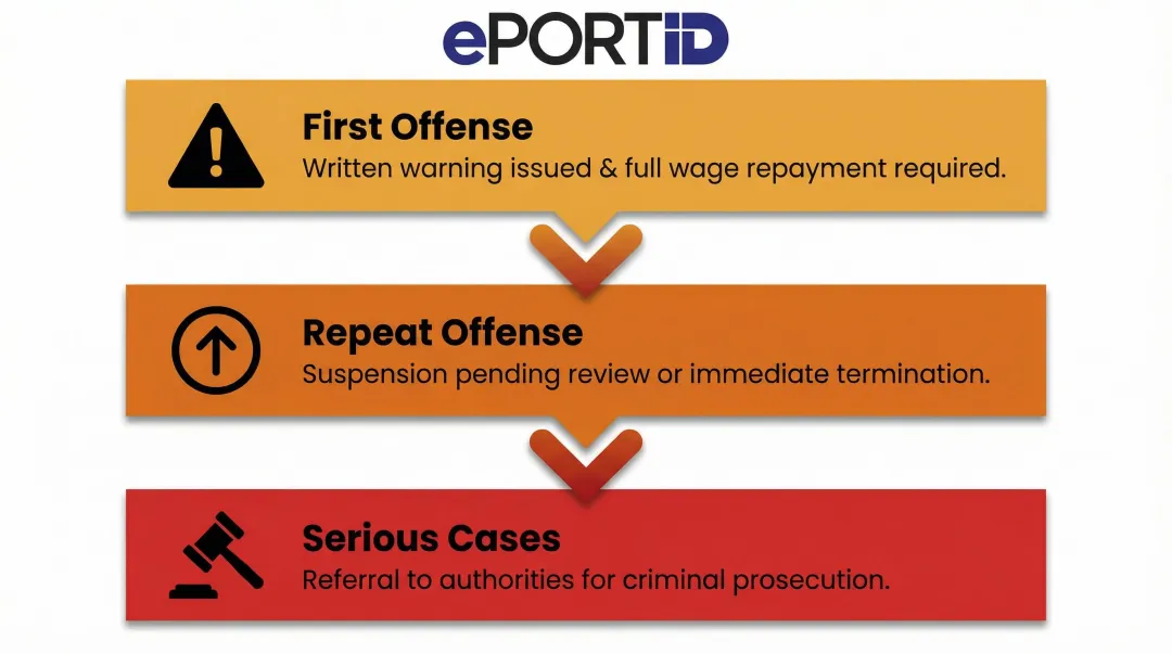 Three-tier timesheet fraud disciplinary escalation process from warning to prosecution