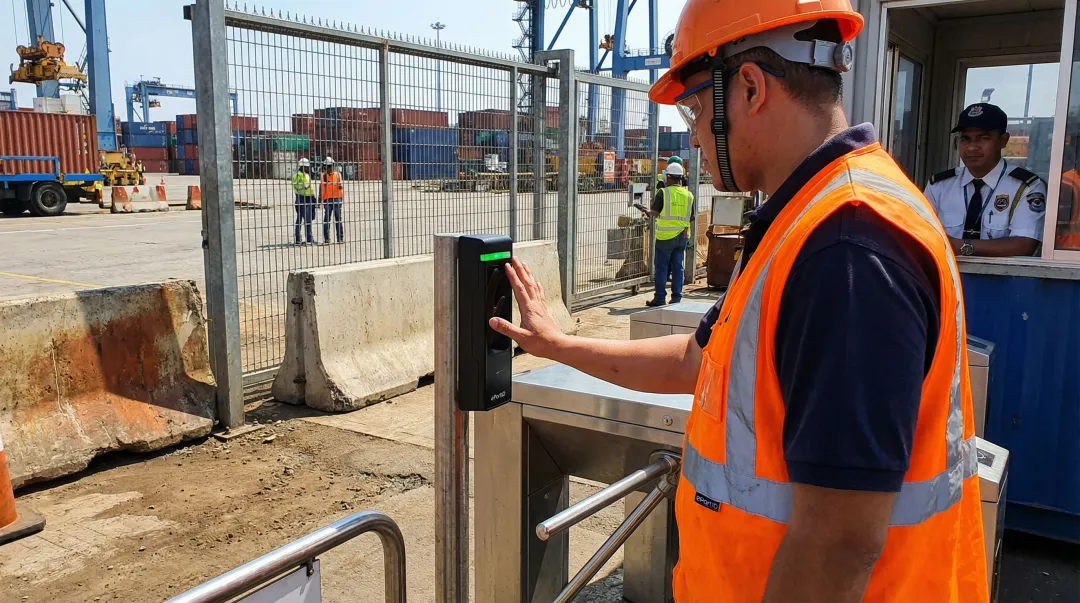 ePortID palm vein access control system installed at industrial facility entrance
