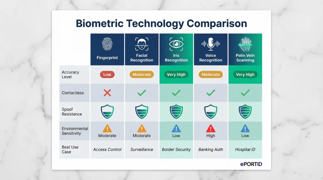 Five biometric technologies comparison chart accuracy spoof resistance and deployment cost