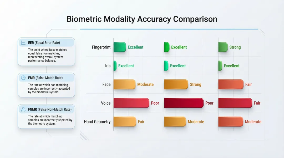 Biometric accuracy metrics EER FMR FNMR comparison across five modalities