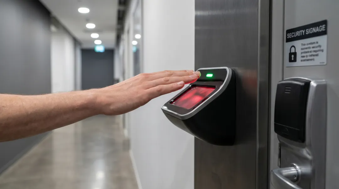 Palm vein scanner deployed at financial institution or data center secure access point