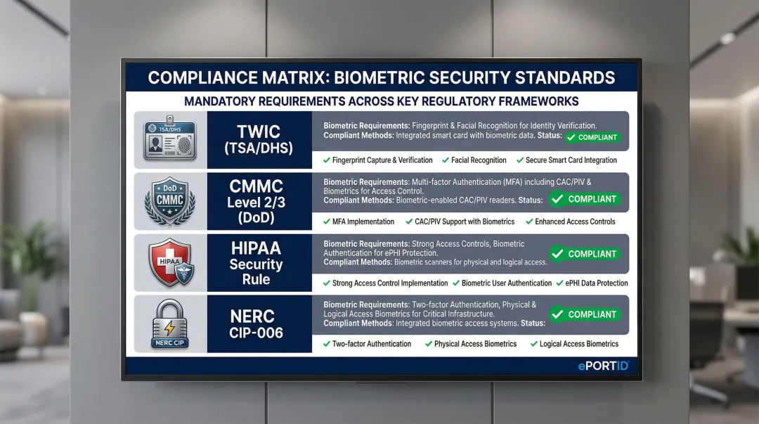 Enterprise biometric compliance requirements across TWIC CMMC HIPAA and NERC CIP standards