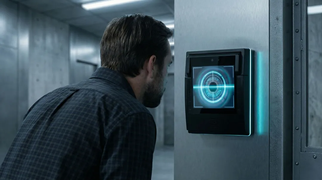 Iris scanning biometric reader in use at high-security facility access point