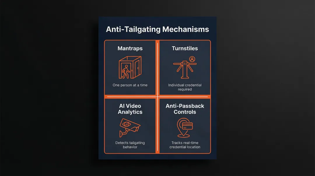Four anti-tailgating security mechanisms used in data center access control zones