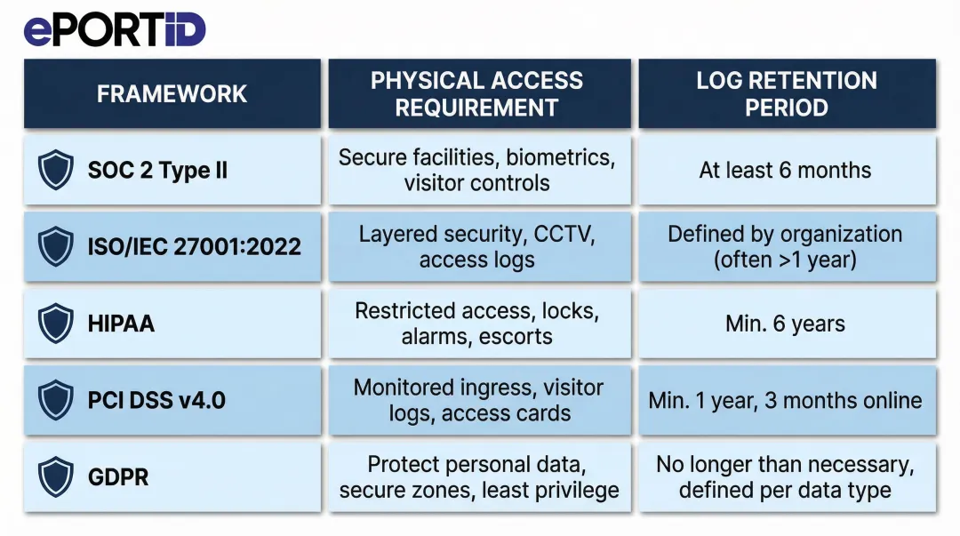 Five compliance frameworks governing data center physical access control requirements comparison