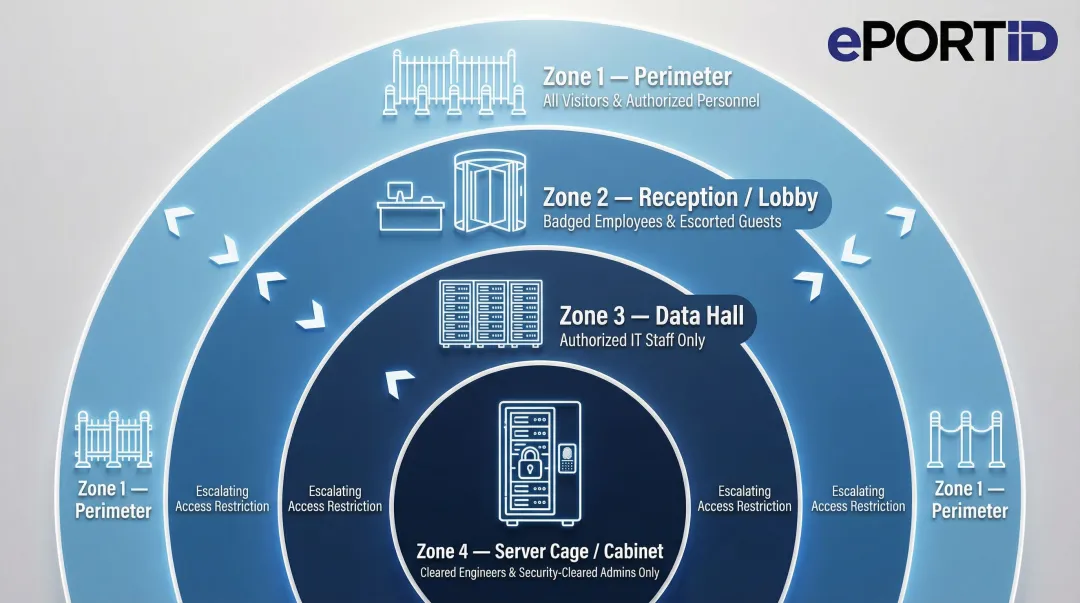 Four-zone data center physical access control hierarchy from perimeter to server rack