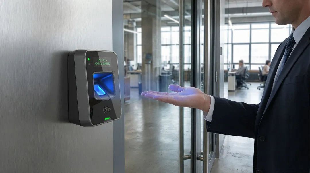 ePortID contactless palm vein biometric scanner mounted at secure building entry