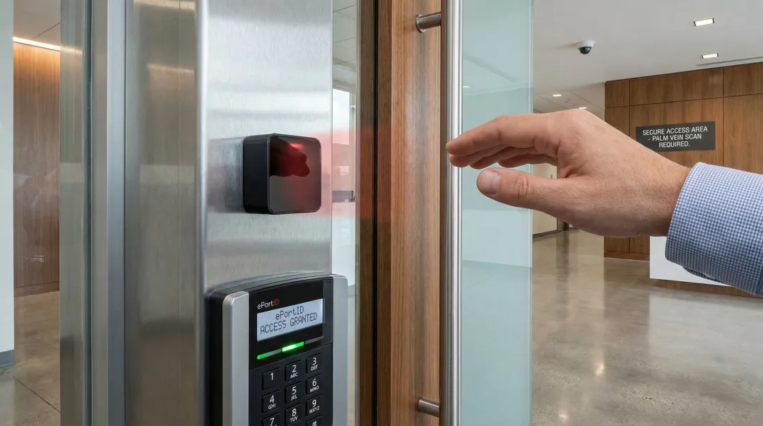 ePortID palm vein biometric scanner installed at secure office entry point