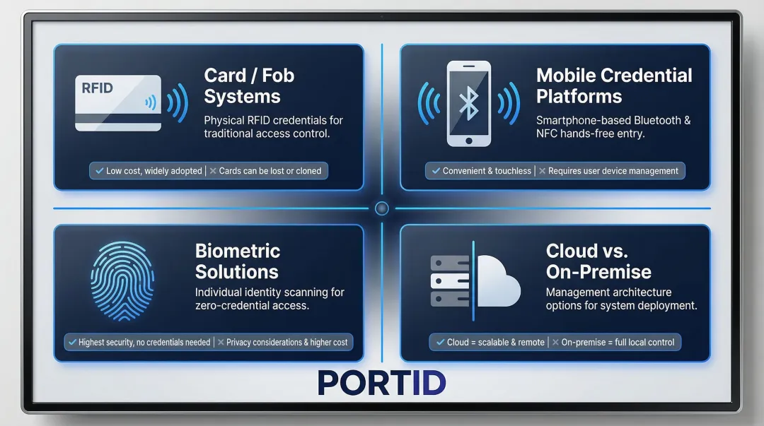 Four access control technology types comparison infographic for large offices