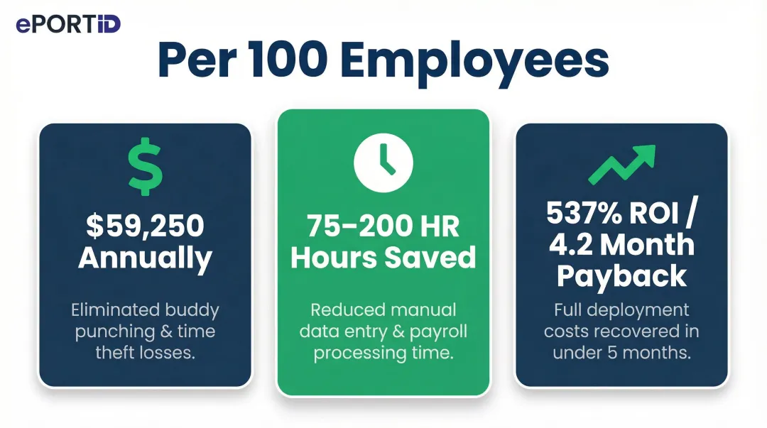 Biometric time clock ROI savings breakdown per 100 employees annually