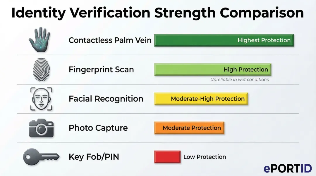 Five identity verification methods ranked by fraud protection strength for construction timeclocks