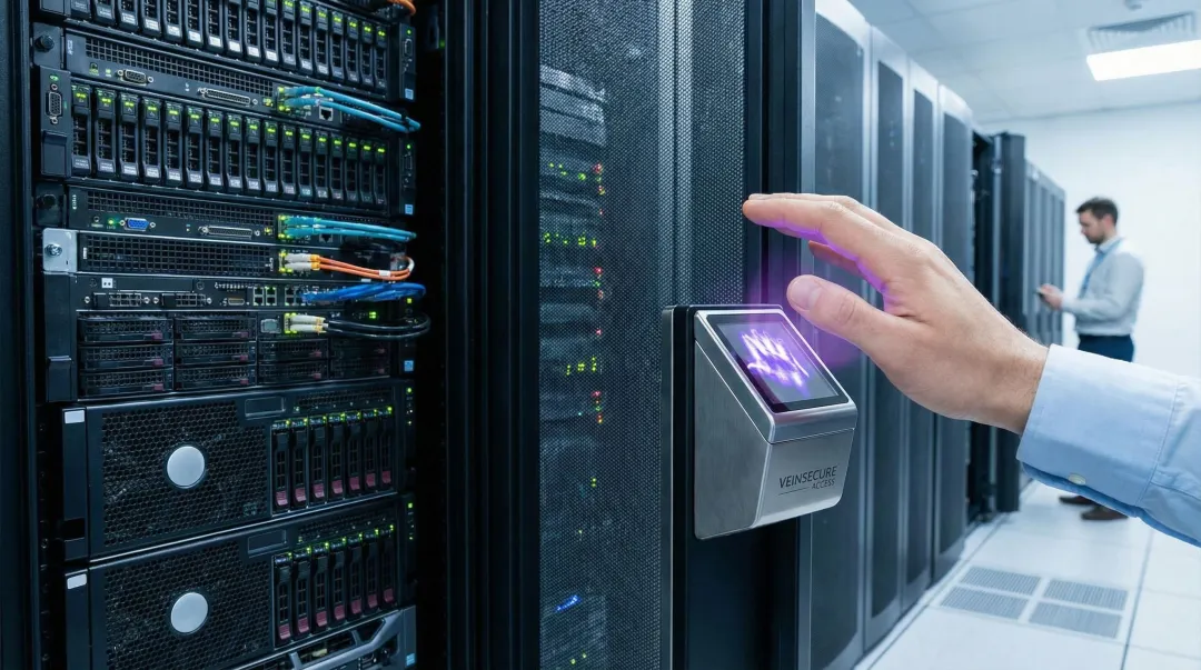contactless palm vein biometric scanner mounted on data center server cabinet door