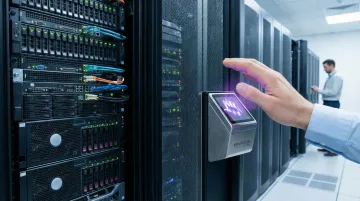 contactless palm vein biometric scanner mounted on data center server cabinet door