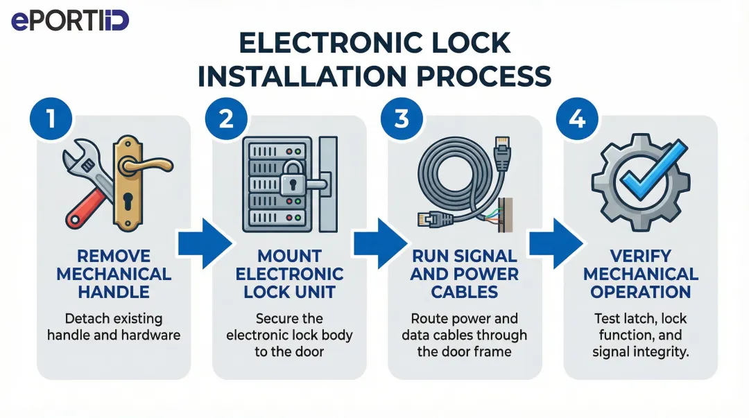 4-step electronic rack lock physical installation process flow diagram
