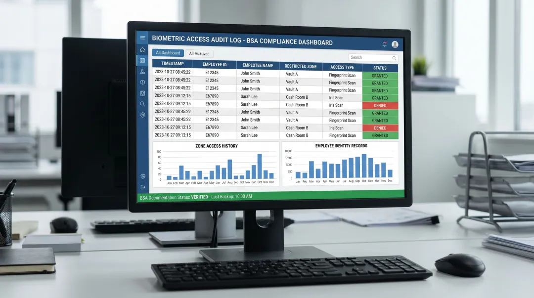 Biometric access log dashboard displaying timestamped employee entry records for restricted zones