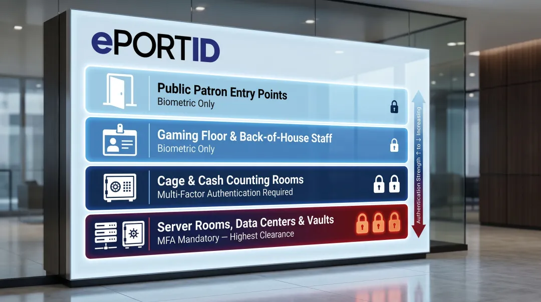 Four-tier casino security zone classification with authentication requirements infographic