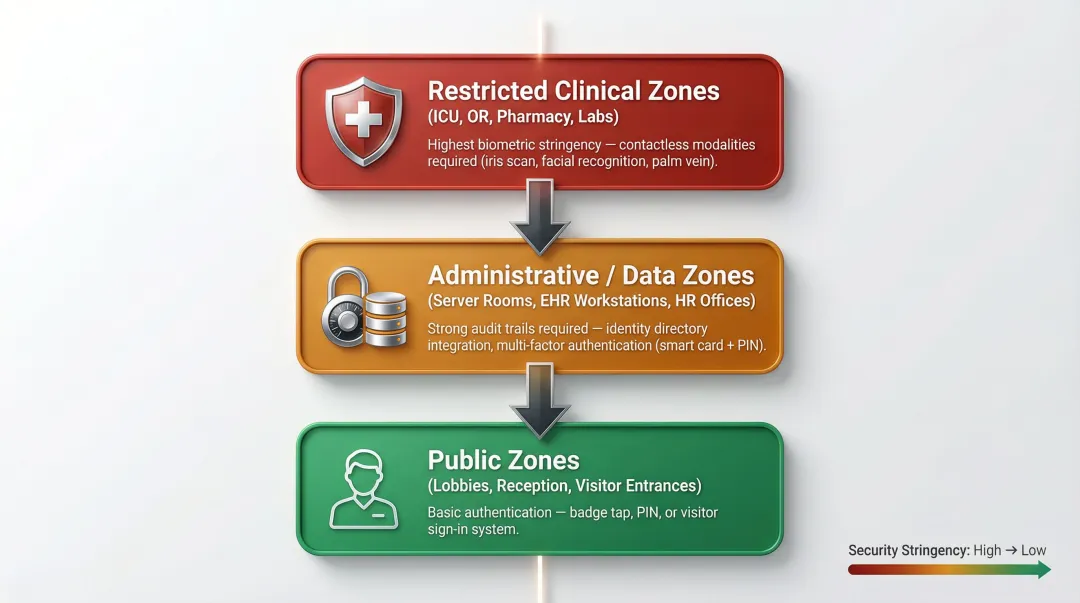 Three-tier hospital security zone classification hierarchy infographic