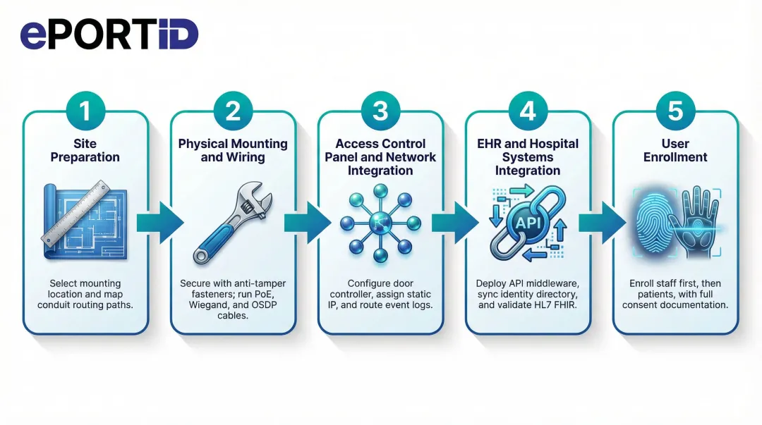 5-step hospital biometric installation process flow from site prep to enrollment