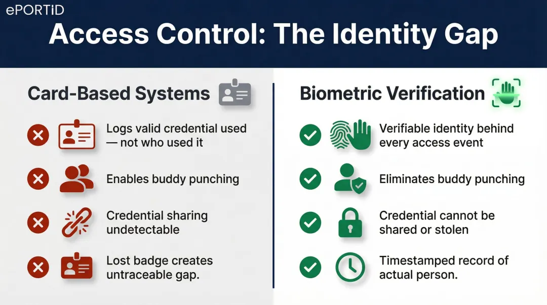 Credential sharing insider threat solution comparison showing card-based versus biometric access control