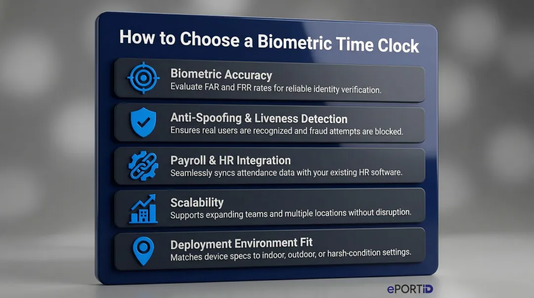 Five criteria for evaluating biometric time clock selection comparison infographic