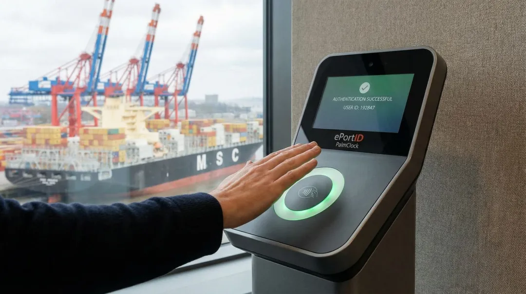 ePortID PalmClock contactless palm vein scanner authenticating employee time attendance