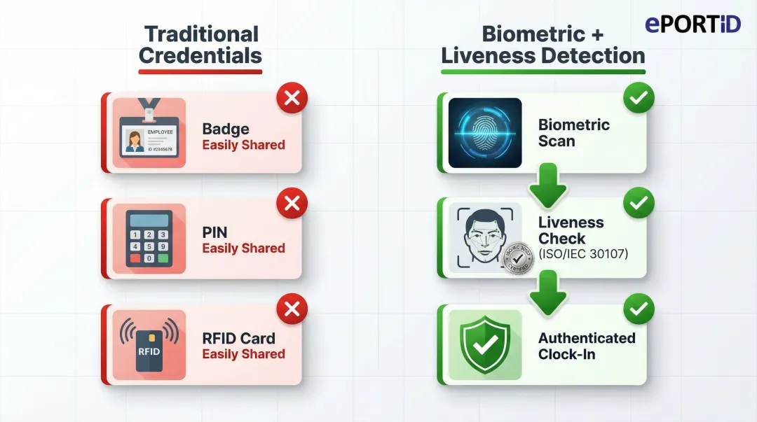 How biometric liveness detection prevents buddy punching spoofing attacks infographic