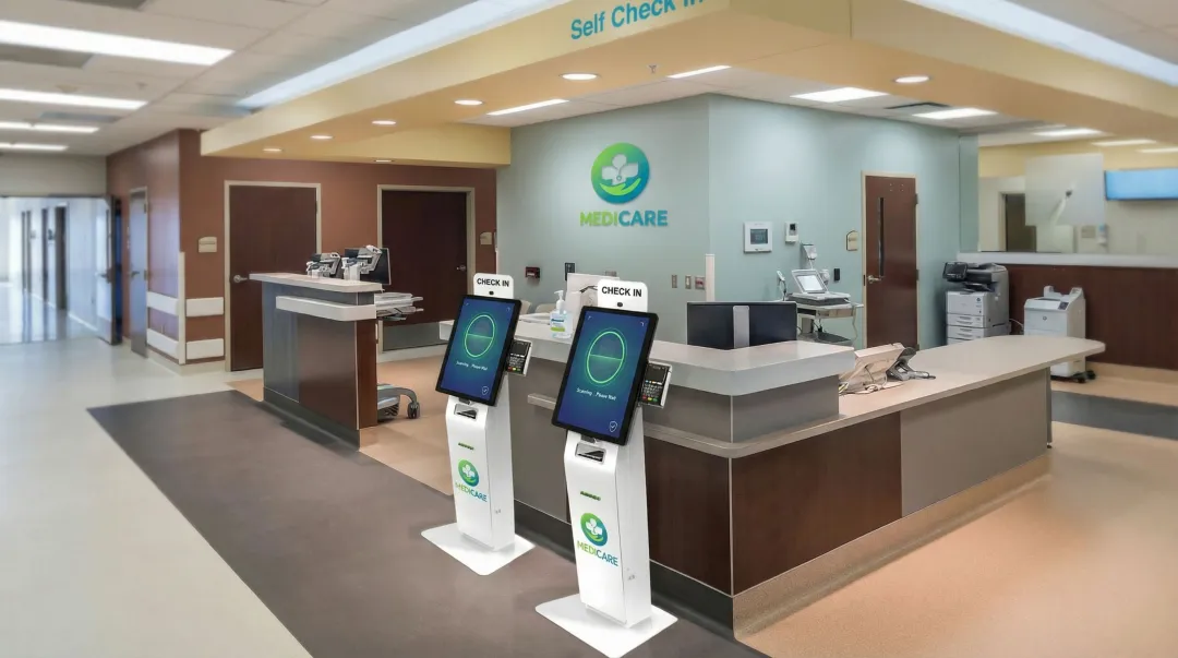 Facial recognition patient check-in kiosk in hospital registration area