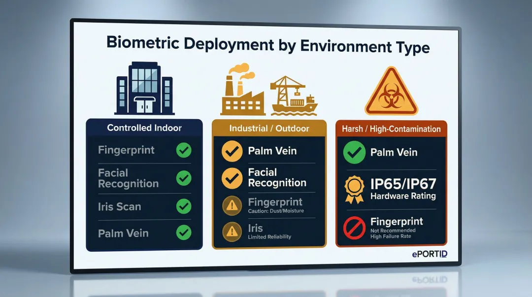 Biometric reader deployment environment comparison office industrial harsh conditions suitability