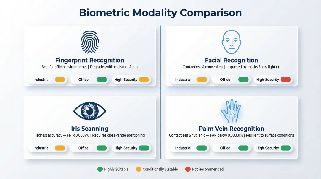 Four biometric modality comparison infographic fingerprint facial iris palm vein accuracy